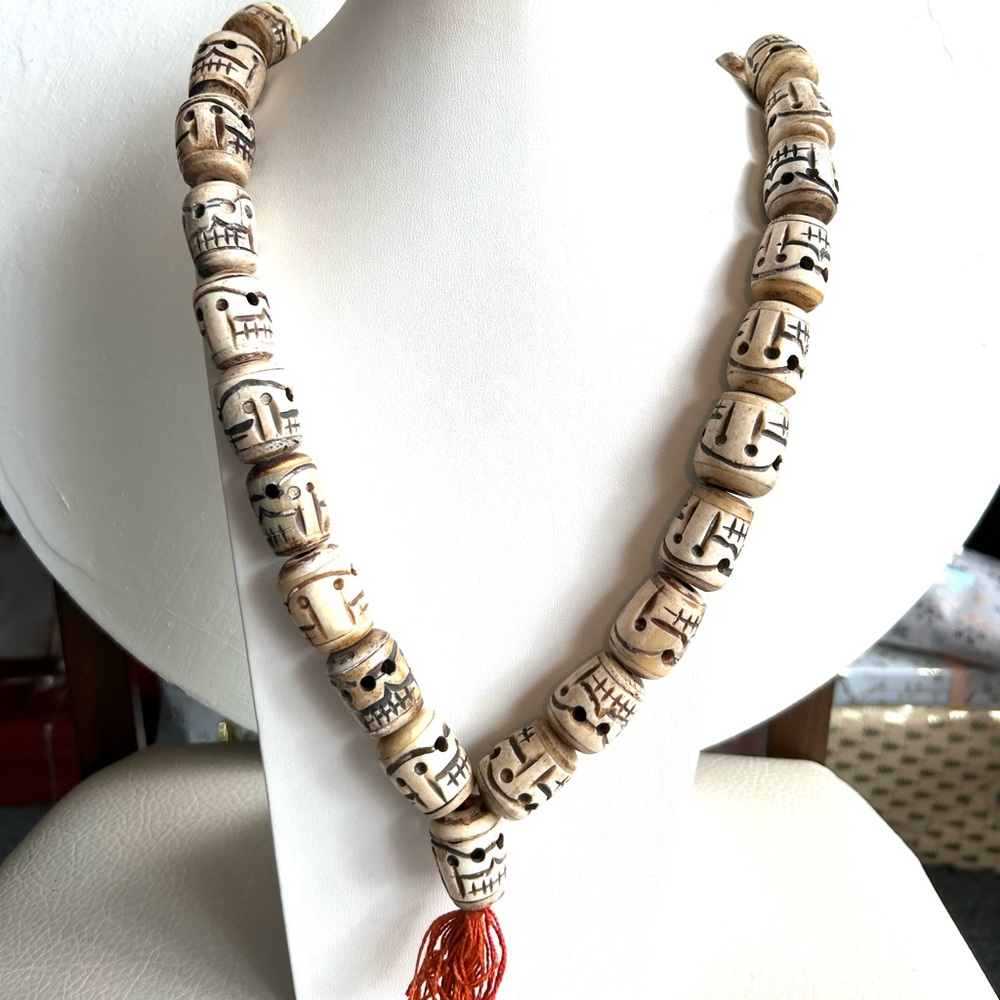 Vintage & rare Large Handmade Tibetan Yak bone Carved Skull Mala For Halloween 🎃